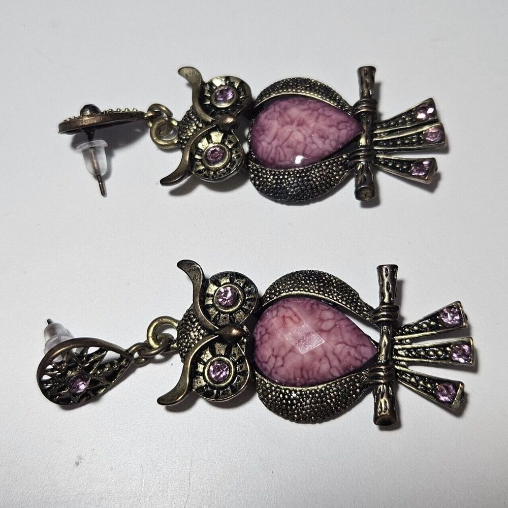 Gold Tone Dangling Owl With Purple Earrings - Picture 9 of 11